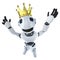 3d Funny cartoon robot character wearing a royal gold crown of success