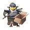 3d funny cartoon samurai penguin warrion character holding an open cardboard box and sword, 3d illustration