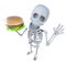 3d Funny cartoon skeleton holding a cheeseburger