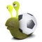 3d Funny cartoon snail bug character carrying a football instead of a shell
