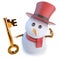 3d Funny cartoon snowman in top hat holding a gold key of security and freedom