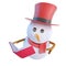 3d Funny cartoon snowman in top hat reading a book