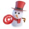 3d Funny cartoon snowman wearing a top hat and holding a copyright symbol
