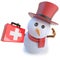 3d Funny cartoon snowman wearing a top hat and holding a first aid medics medical kit
