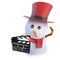 3d Funny cartoon snowman wearing a top hat and holding a flm slate clapperboard