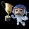 3d Funny cartoon spaceman astronaut character chasing a gold cup