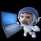 3d Funny cartoon spaceman astronaut character chasing a laptop in space