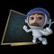 3d Funny cartoon spaceman astronaut character floating in front of a blackboard