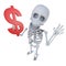 3d Funny cartoon spooky skeleton character holding a US Dollar currency symbol