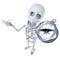 3d Funny cartoon spooky skeleton character navigating with a magnetic compass