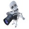 3d Funny cartoon spooky skeleton character taking a photo with a camera