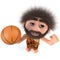 3d Funny cartoon stone age caveman character holding a basketball
