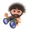 3d Funny cartoon stone age caveman character holding a pair of binoculars