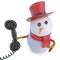 3d Funny cartoon winter snowman character answering the phone