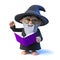 3d Funny cartoon wizard character reads from his book magic spells