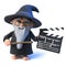 3d Funny cartoon wizard magician character holding a clapperboard