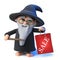 3d Funny cartoon wizard magician character holding a shopping sale bag