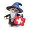 3d Funny cartoon wizard magician character points his wand at a first aid medical kit