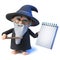 3d Funny cartoon wizard magician character points his wand at a notepad