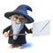 3d Funny cartoon wizard magician character points to an envelope with his magic wand
