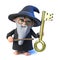 3d Funny cartoon wizard magician character points to a gold key with his magic wand