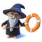 3d Funny cartoon wizard magician character points to a life ring with his magic wand