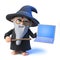 3d Funny cartoon wizard magician holding a laptop