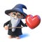 3d Funny cartoon wizard magician pointing a wand at a romantic red heart