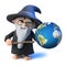 3d Funny cartoon wizard magician points to a globe of the earth with his magic wand