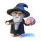 3d Funny cartoon wizard magician points to a human brain with his magic wand