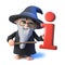3d Funny cartoon wizard magician points to an information symbol with his magic wand