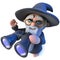 3d Funny cartoon wizard magician using a pair of binoculars