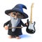 3d Funny cartoon wizard magician waves his magic wand at an electric guitar