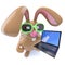 3d Funny chocolate Easter bunny rabbit holding a laptop computer