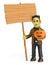 3D Funny monster. Frankenstein with a blank wooden sign and a pu