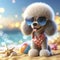 3d Funny Poodle dog in sunglasses on summer sea beach bokeh background. ai generative