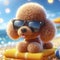 3d Funny Poodle dog in sunglasses on summer sea beach bokeh background. ai generative