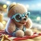 3d Funny Poodle dog in sunglasses on summer sea beach bokeh background. ai generative