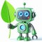 3D funny robot cartoon with green leaf. Ecology and sustainability concept. AI generated