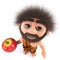 3d Funny stoneage caveman character holding an apple