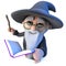 3d Funny wizard magician character waving his wand at his magic book of spells