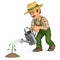 3D Gardener watering a small plant. Growth concept