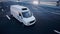 3d generic white delivery van on highway. Very fast driving. Delivery concept. Realistic 4k animation.