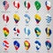 3D geolocation signs of twenty countries Nouth America and South America with inscriptions. Set of  twenty 3d geolocation icons on