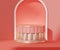 3d geometric forms. Blank podium in coral pink color. Fashion show stage,pedestal, shopfront with colorful theme. Minimal scene