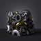 3d geometric objects isolated on abstract black background, magnetic torus and rings, stack of toys, pile of chrome and gold