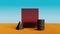 3d geometric podium with glass frame on sand dune.Abstract surreal desert landscape scene background.3d rendering illustration