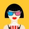 3D glasses and big popcorn. Brunet girl at the Cinema theatre Black dress Flat dsign style icon.