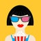 3D glasses and big popcorn. Brunet girl at the Cinema theatre Flat style icon.