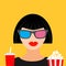 3D glasses big popcorn and soda. Brunet girl at